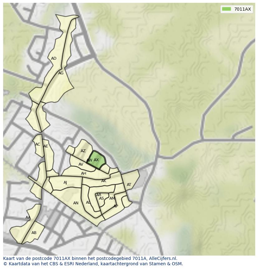Afbeelding van het postcodegebied 7011 AX op de kaart.