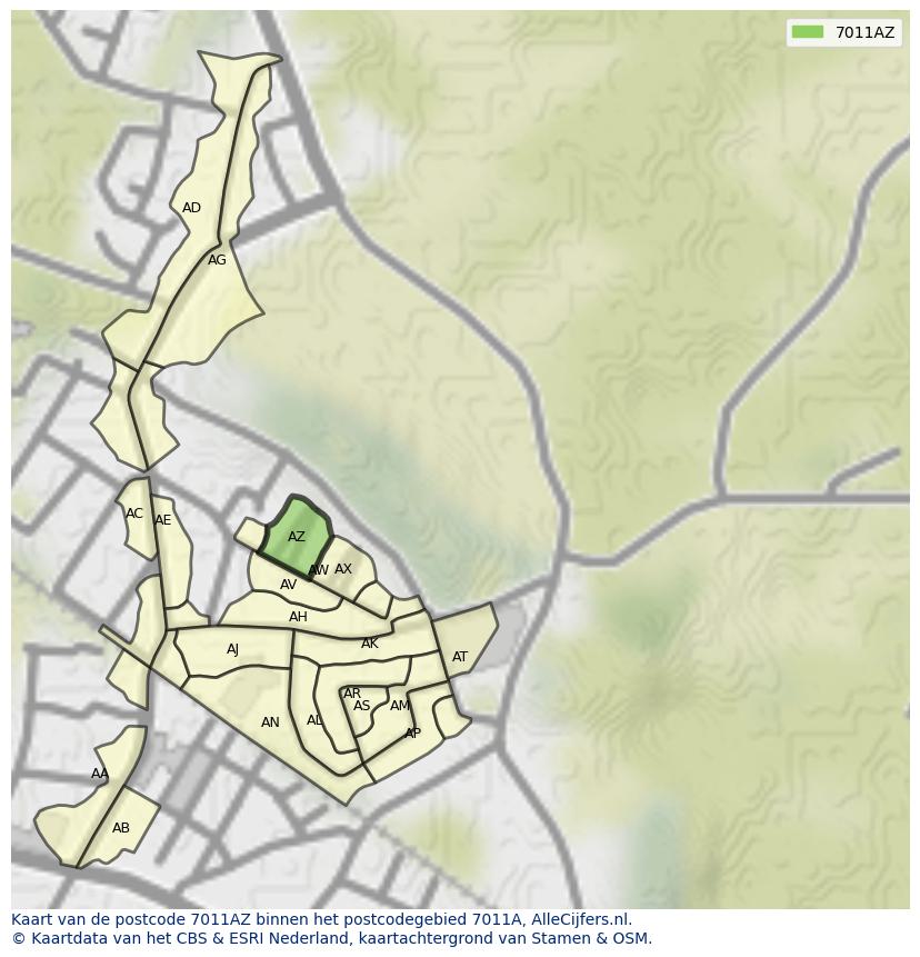 Afbeelding van het postcodegebied 7011 AZ op de kaart.