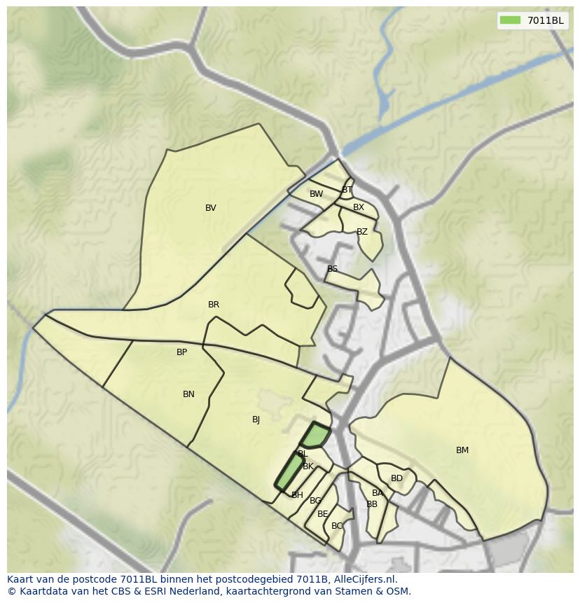 Afbeelding van het postcodegebied 7011 BL op de kaart.