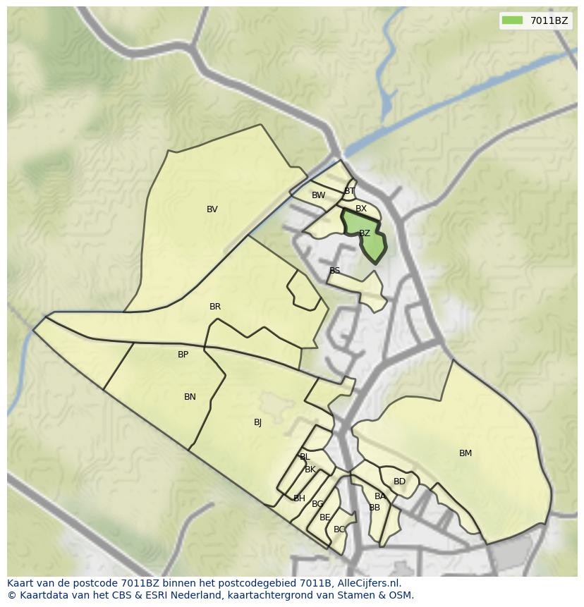 Afbeelding van het postcodegebied 7011 BZ op de kaart.