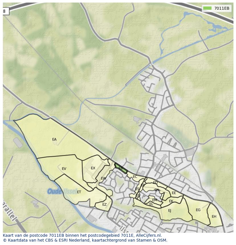 Afbeelding van het postcodegebied 7011 EB op de kaart.