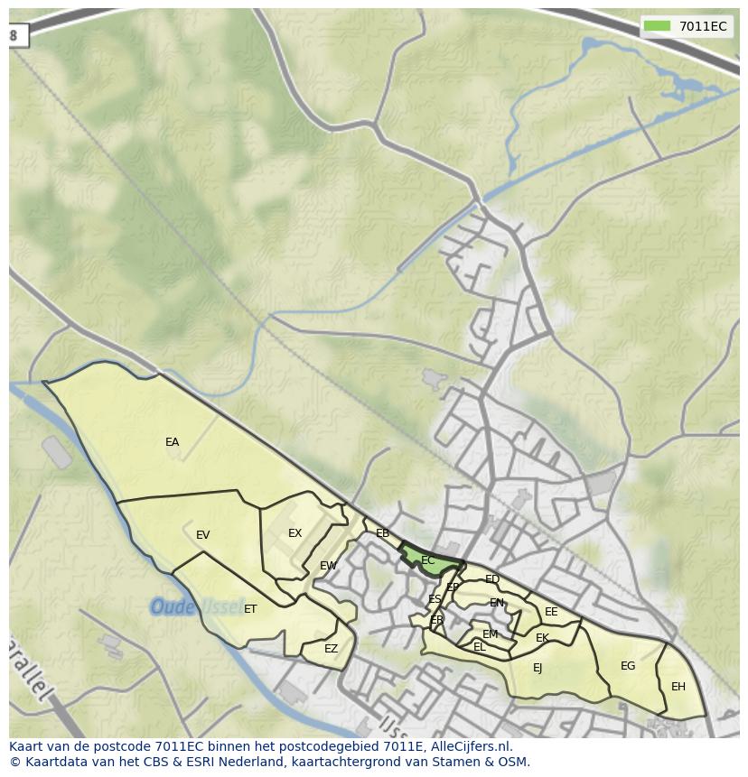 Afbeelding van het postcodegebied 7011 EC op de kaart.