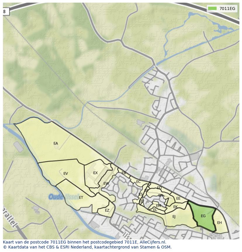 Afbeelding van het postcodegebied 7011 EG op de kaart.