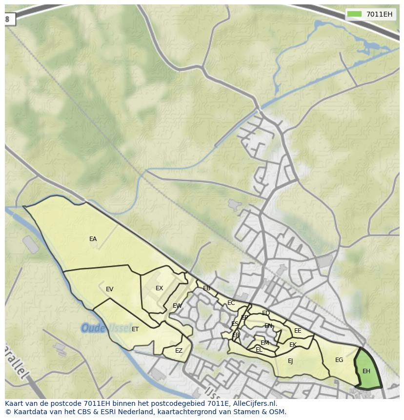 Afbeelding van het postcodegebied 7011 EH op de kaart.