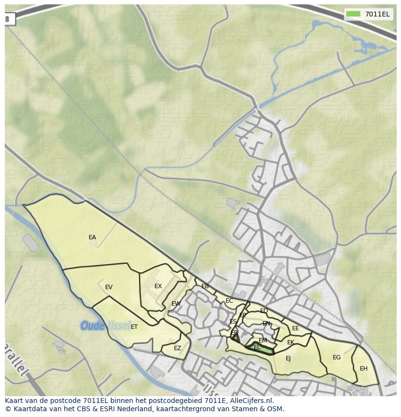 Afbeelding van het postcodegebied 7011 EL op de kaart.