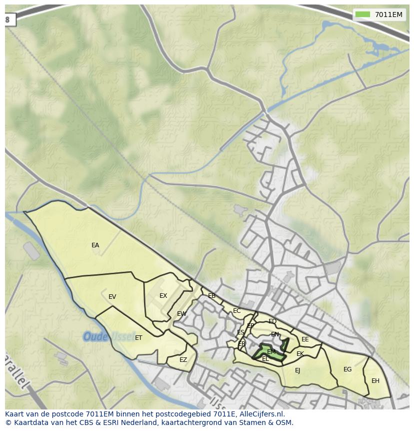 Afbeelding van het postcodegebied 7011 EM op de kaart.