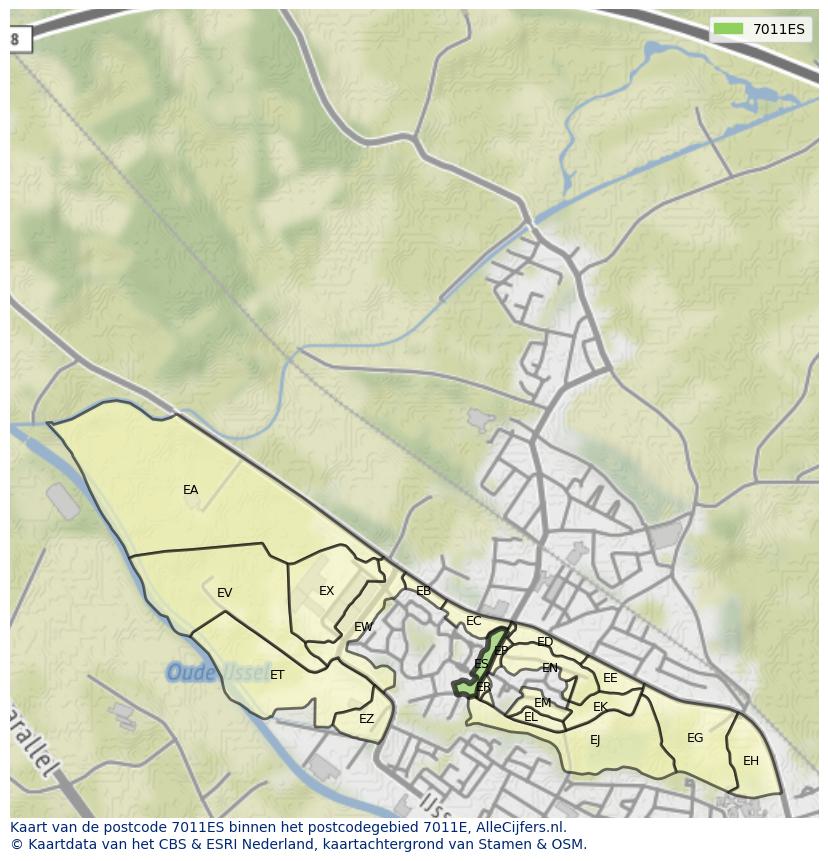 Afbeelding van het postcodegebied 7011 ES op de kaart.