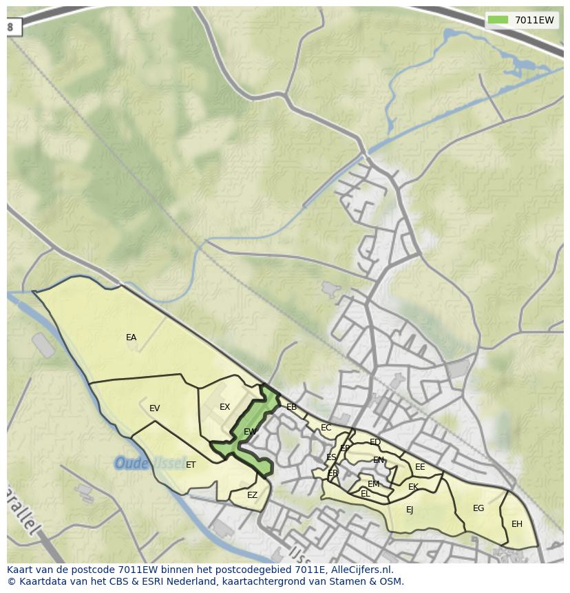 Afbeelding van het postcodegebied 7011 EW op de kaart.