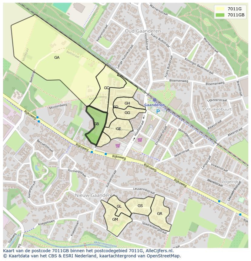 Afbeelding van het postcodegebied 7011 GB op de kaart.
