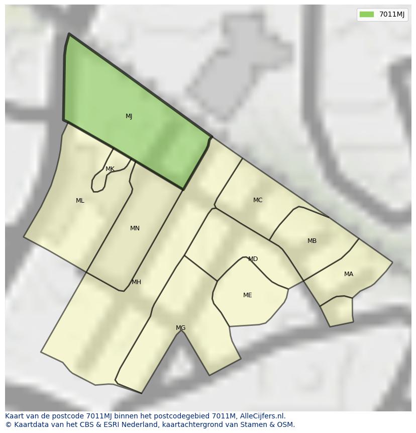 Afbeelding van het postcodegebied 7011 MJ op de kaart.