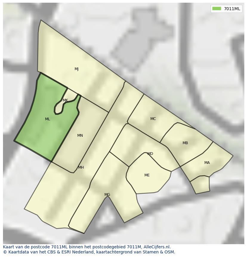 Afbeelding van het postcodegebied 7011 ML op de kaart.