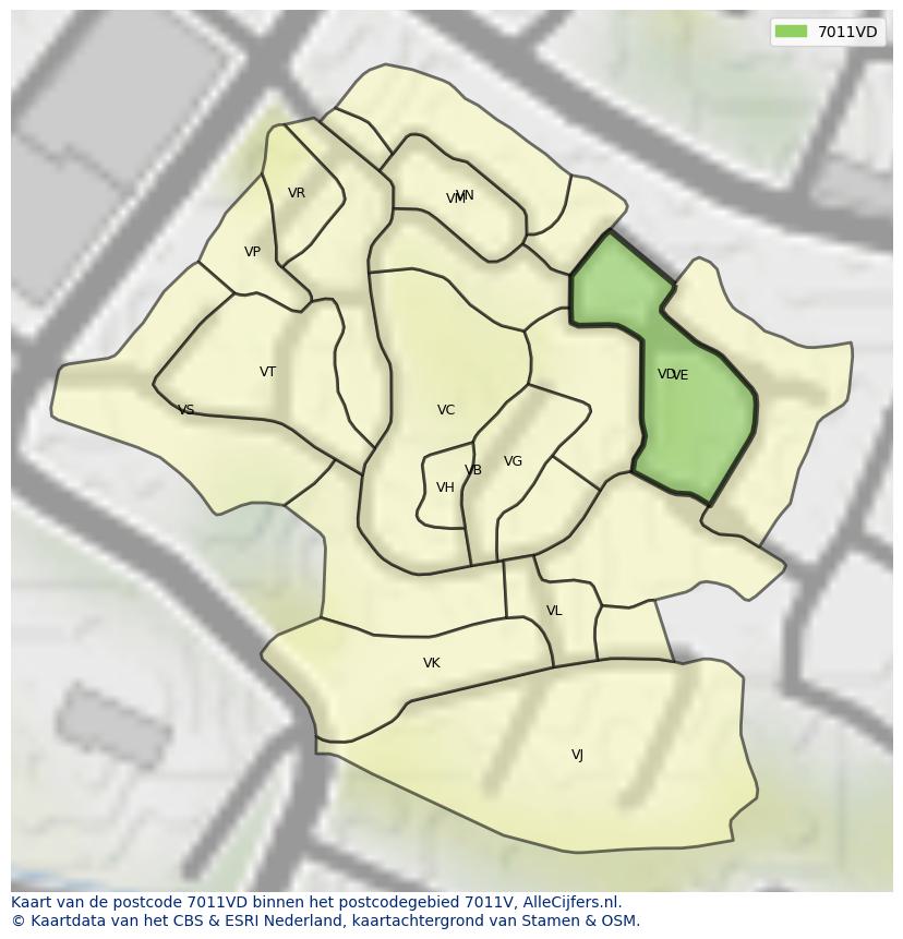 Afbeelding van het postcodegebied 7011 VD op de kaart.