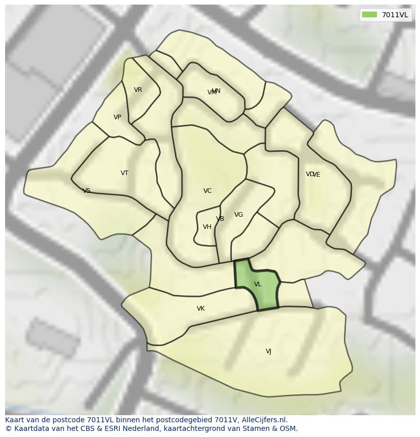Afbeelding van het postcodegebied 7011 VL op de kaart.