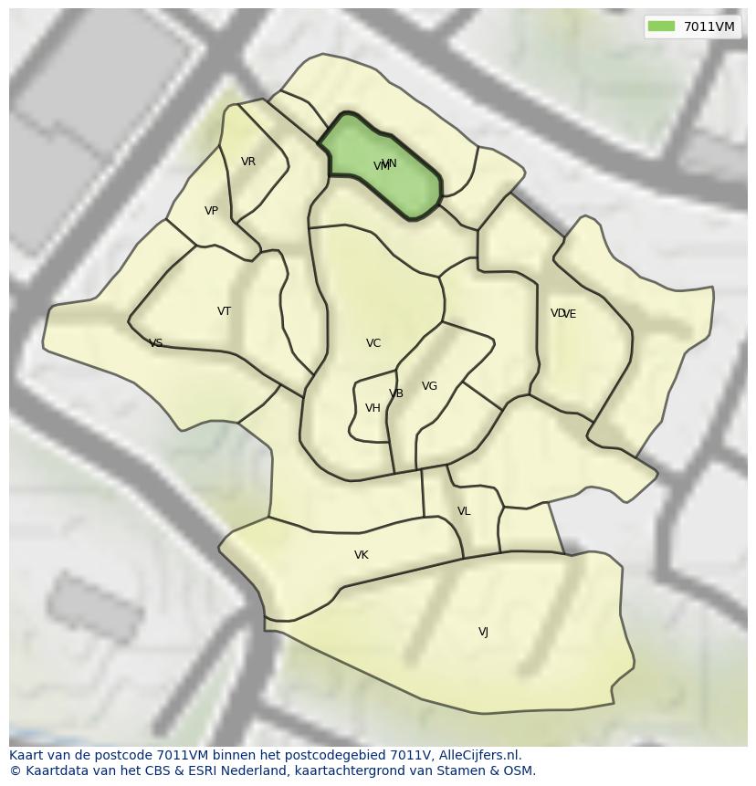 Afbeelding van het postcodegebied 7011 VM op de kaart.