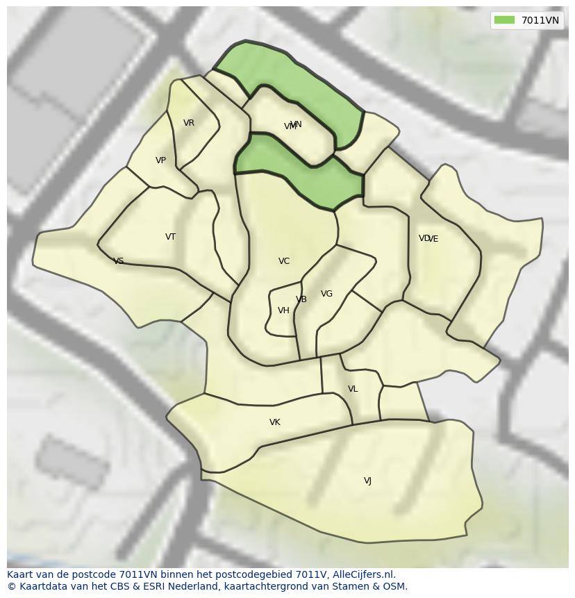 Afbeelding van het postcodegebied 7011 VN op de kaart.