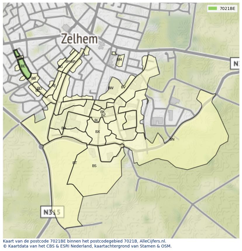 Afbeelding van het postcodegebied 7021 BE op de kaart.