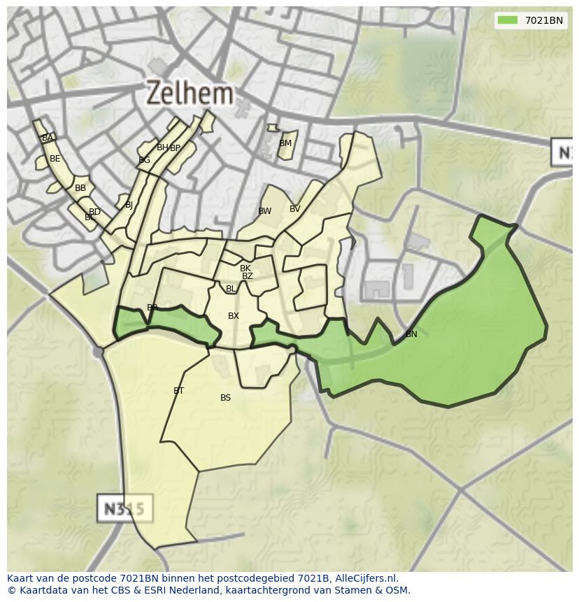Afbeelding van het postcodegebied 7021 BN op de kaart.