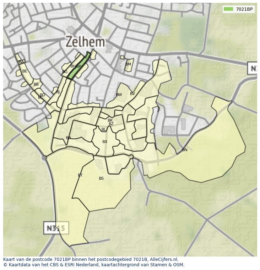 Afbeelding van het postcodegebied 7021 BP op de kaart.
