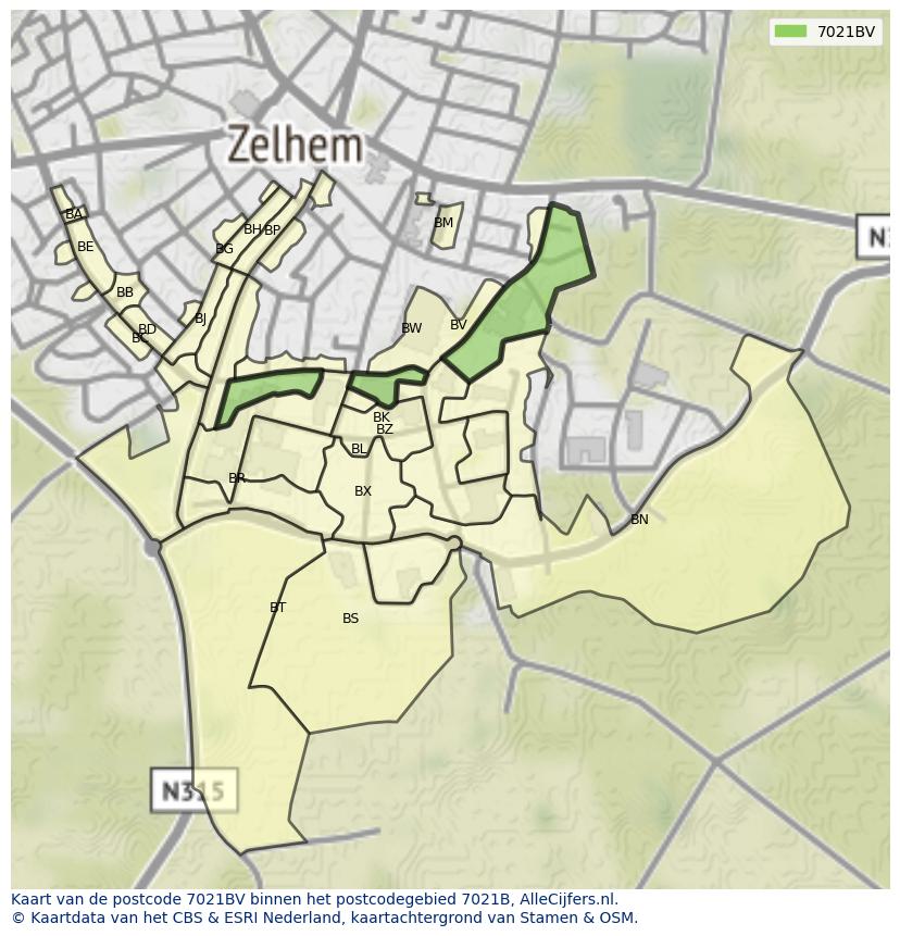 Afbeelding van het postcodegebied 7021 BV op de kaart.