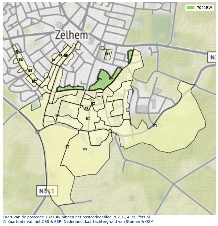 Afbeelding van het postcodegebied 7021 BW op de kaart.