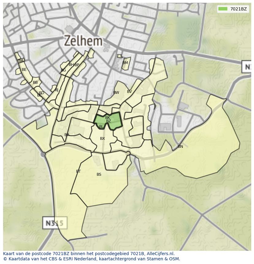 Afbeelding van het postcodegebied 7021 BZ op de kaart.