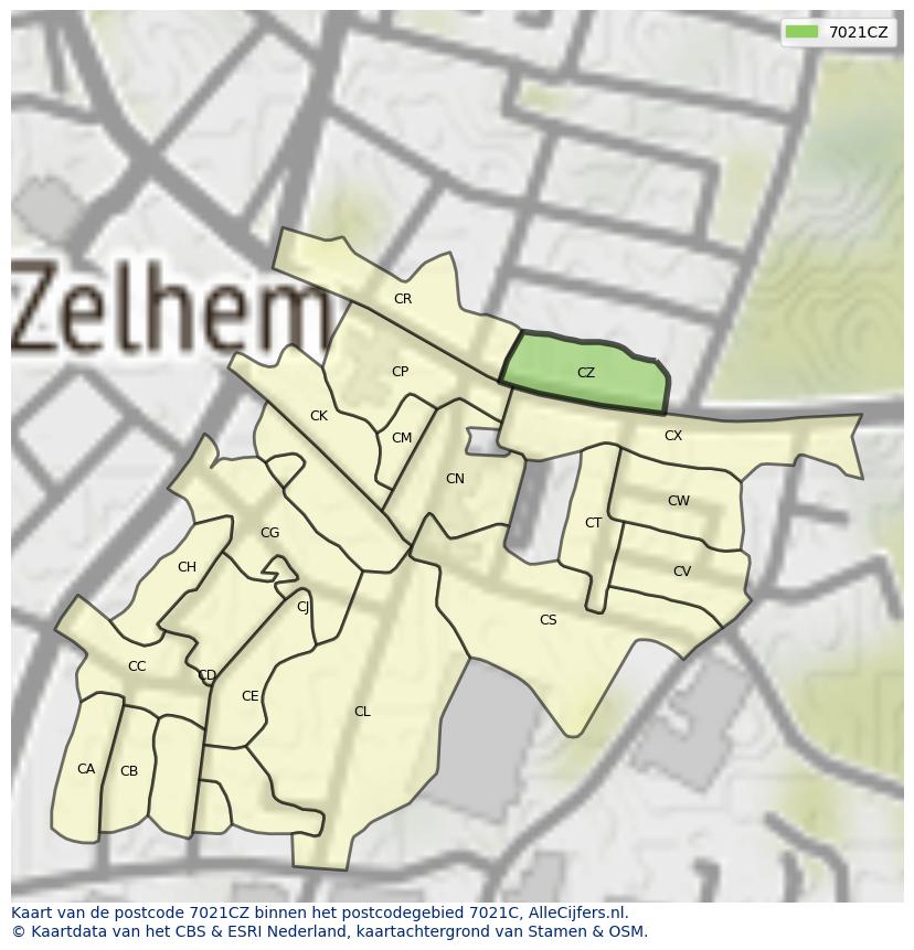 Afbeelding van het postcodegebied 7021 CZ op de kaart.