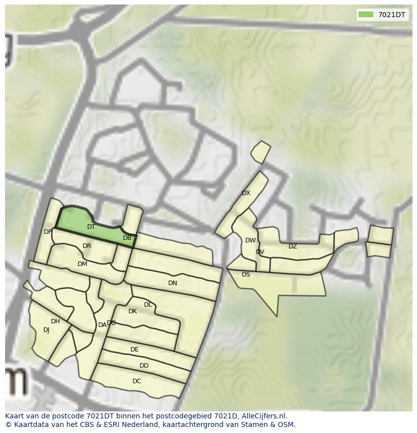 Afbeelding van het postcodegebied 7021 DT op de kaart.