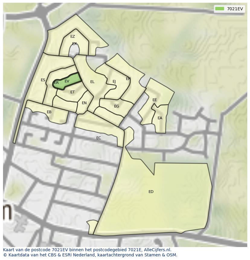 Afbeelding van het postcodegebied 7021 EV op de kaart.