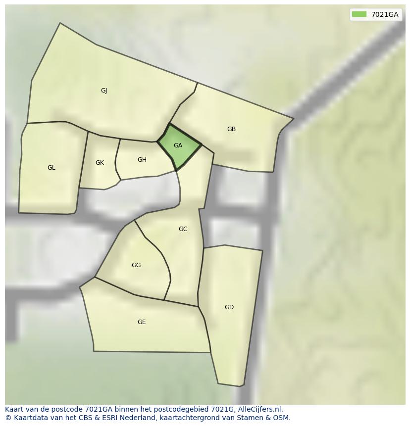 Afbeelding van het postcodegebied 7021 GA op de kaart.