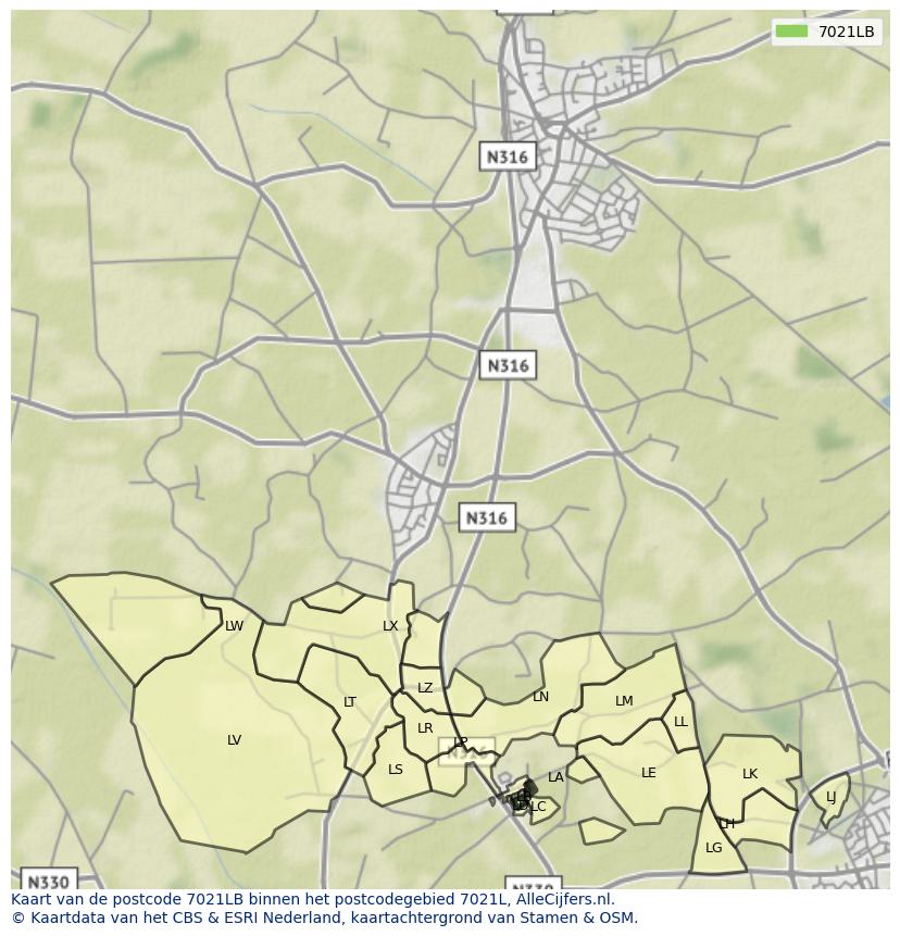 Afbeelding van het postcodegebied 7021 LB op de kaart.