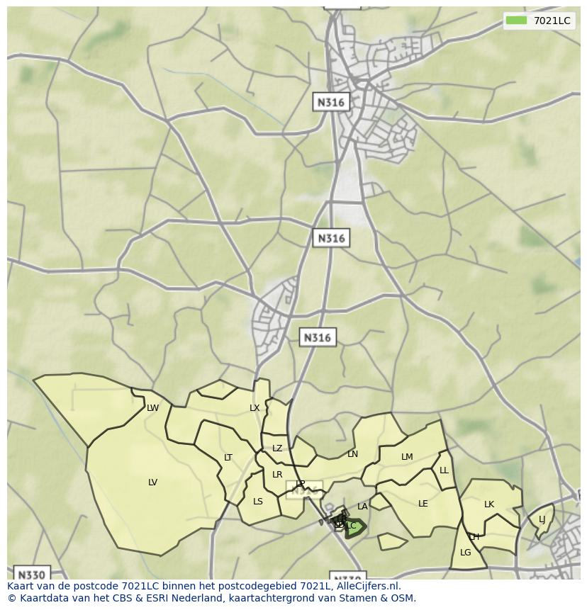 Afbeelding van het postcodegebied 7021 LC op de kaart.