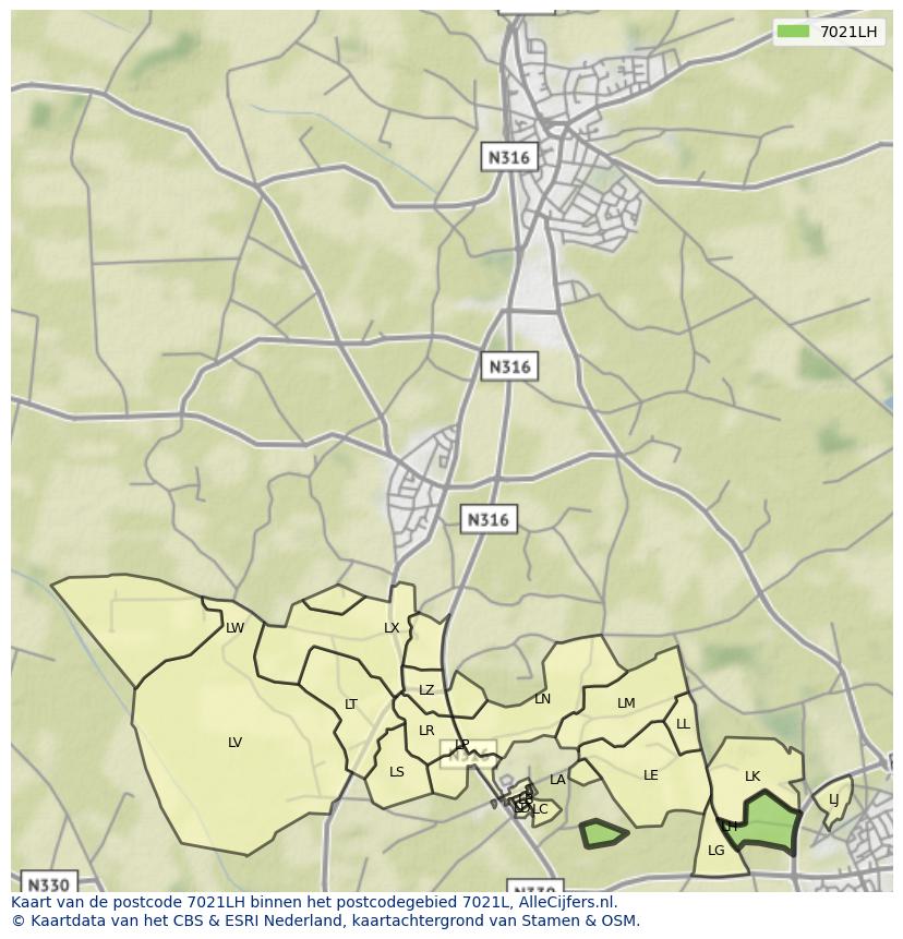 Afbeelding van het postcodegebied 7021 LH op de kaart.