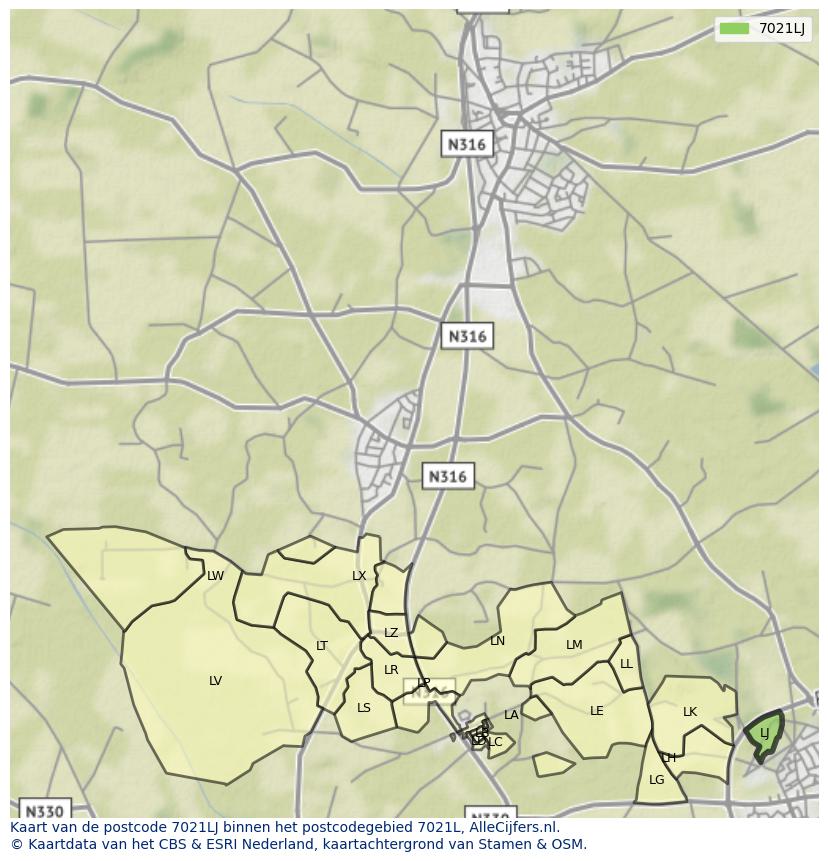 Afbeelding van het postcodegebied 7021 LJ op de kaart.