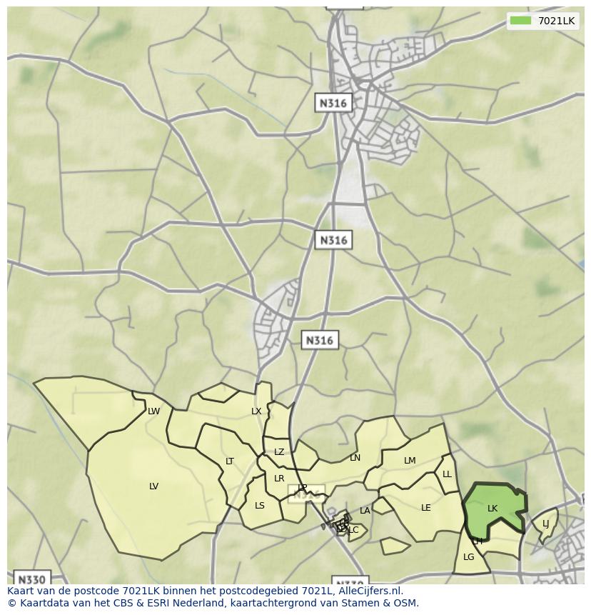 Afbeelding van het postcodegebied 7021 LK op de kaart.