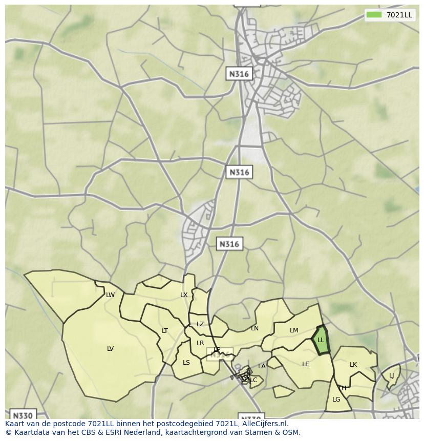 Afbeelding van het postcodegebied 7021 LL op de kaart.