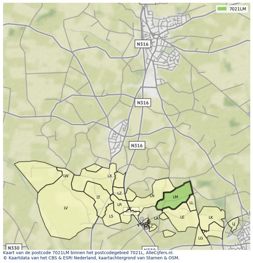 Afbeelding van het postcodegebied 7021 LM op de kaart.