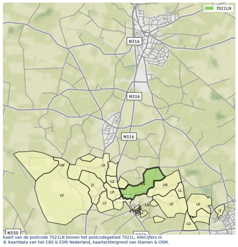 Afbeelding van het postcodegebied 7021 LN op de kaart.