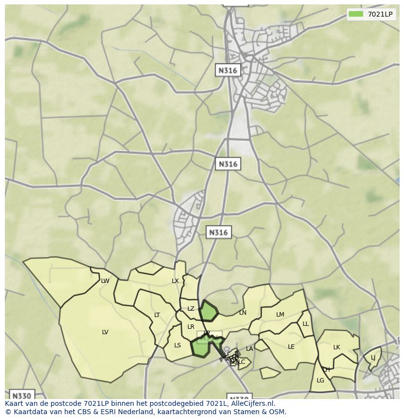 Afbeelding van het postcodegebied 7021 LP op de kaart.