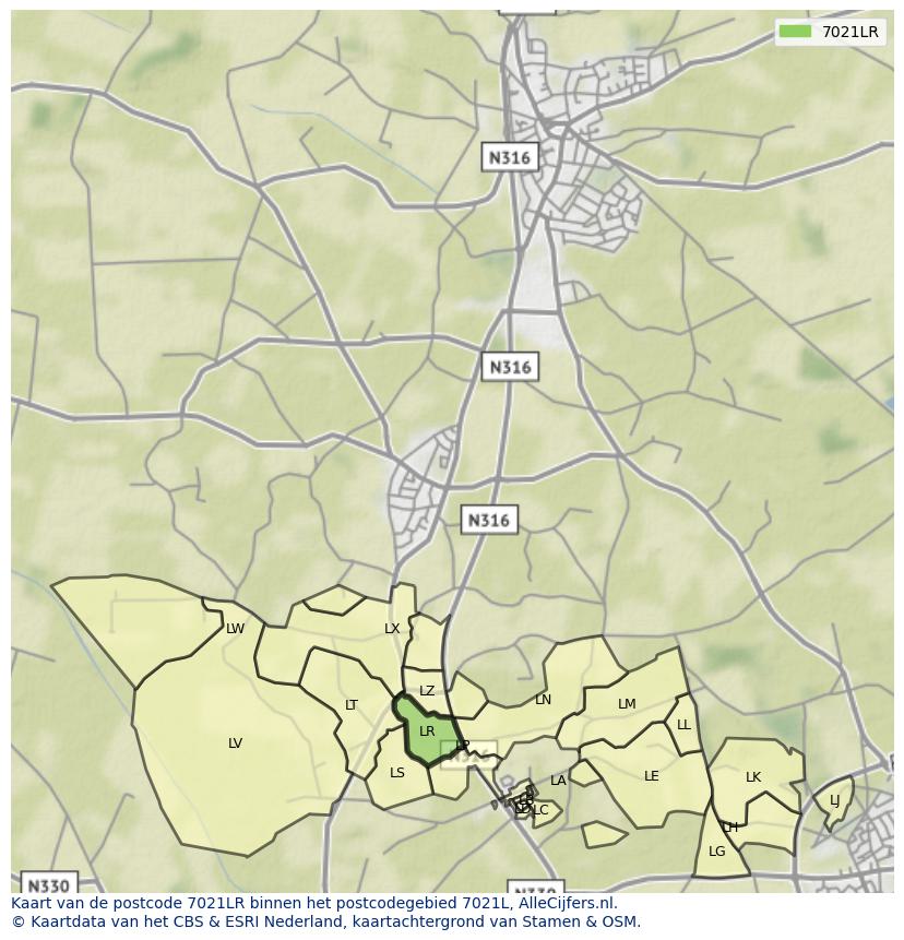Afbeelding van het postcodegebied 7021 LR op de kaart.