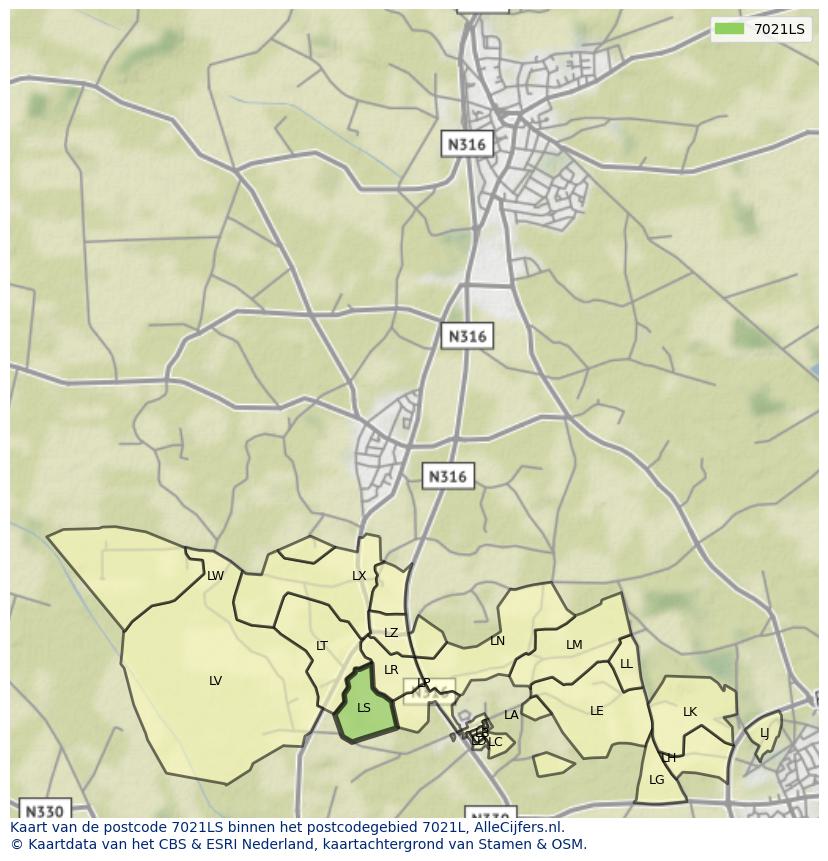 Afbeelding van het postcodegebied 7021 LS op de kaart.