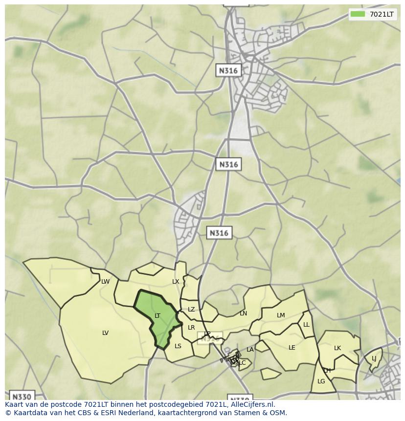 Afbeelding van het postcodegebied 7021 LT op de kaart.