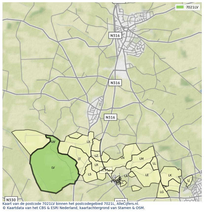 Afbeelding van het postcodegebied 7021 LV op de kaart.