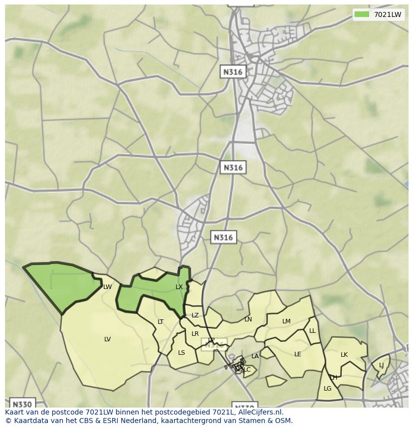 Afbeelding van het postcodegebied 7021 LW op de kaart.