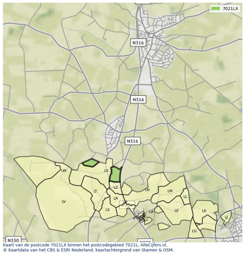 Afbeelding van het postcodegebied 7021 LX op de kaart.