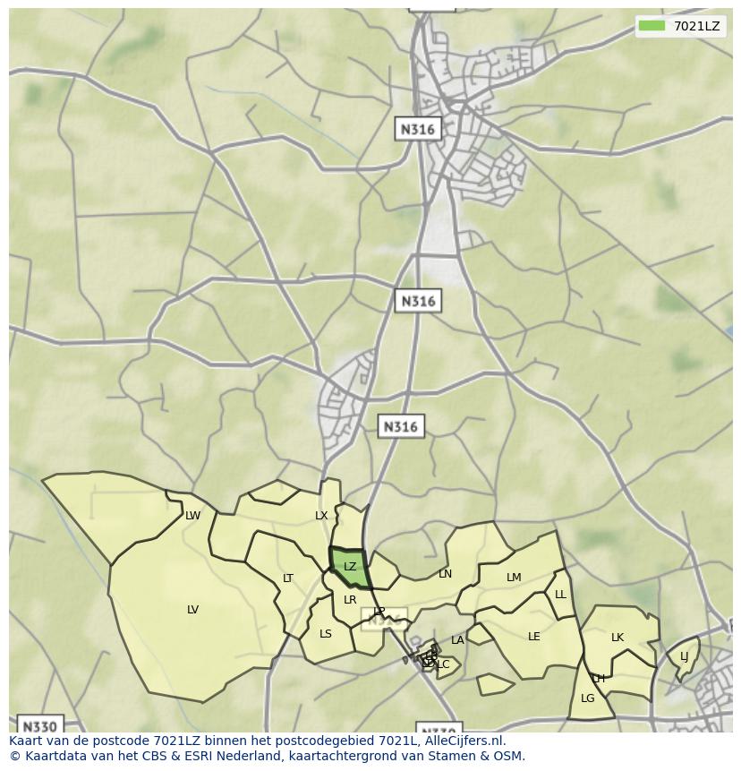 Afbeelding van het postcodegebied 7021 LZ op de kaart.