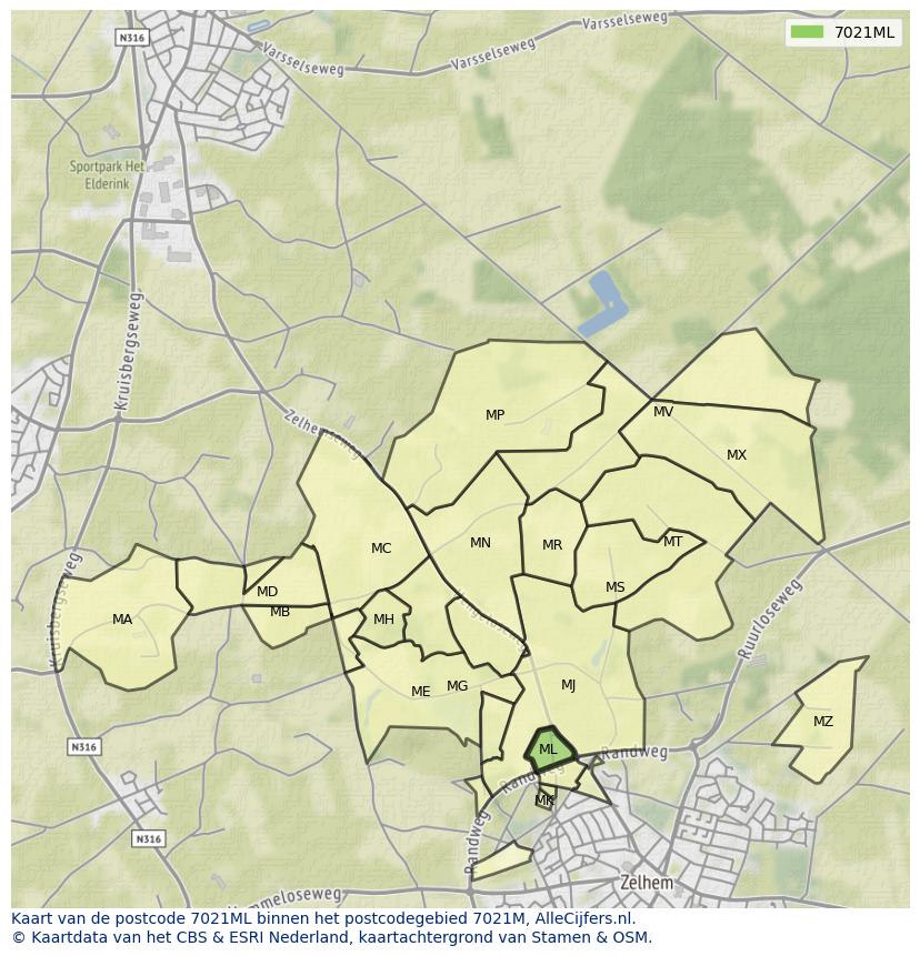 Afbeelding van het postcodegebied 7021 ML op de kaart.