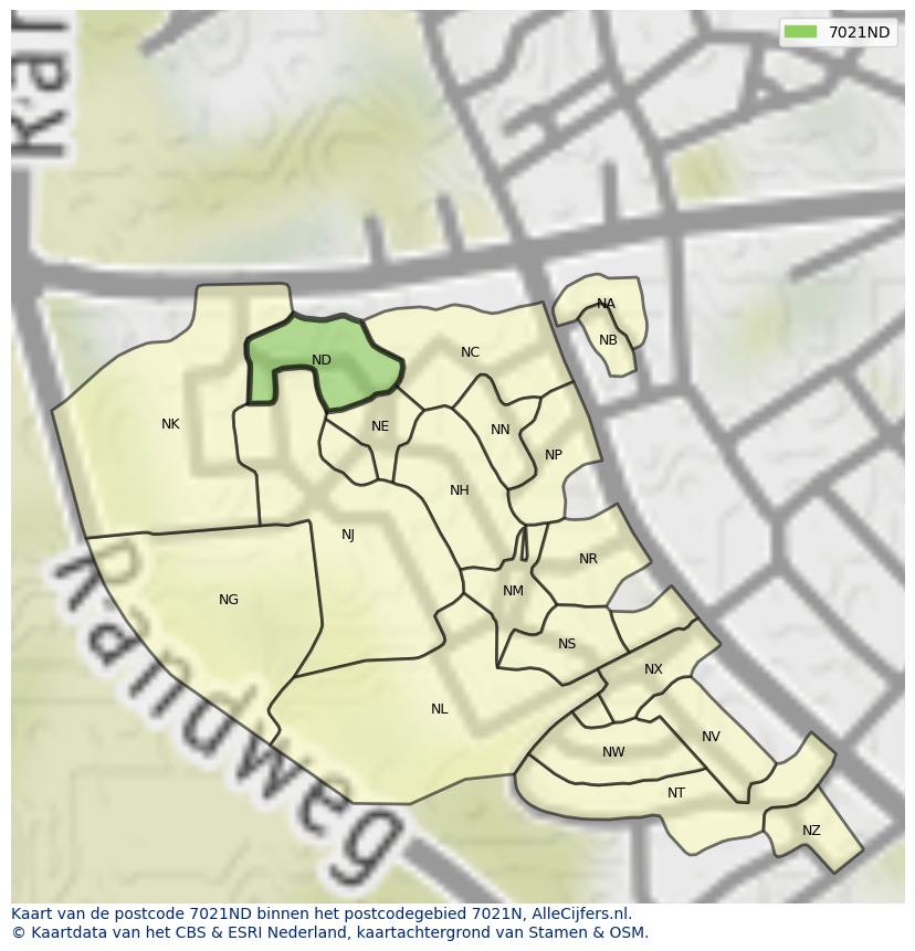 Afbeelding van het postcodegebied 7021 ND op de kaart.