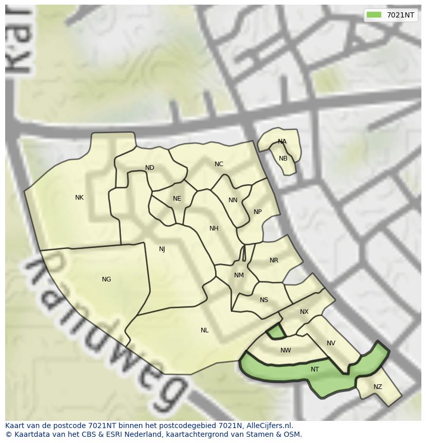 Afbeelding van het postcodegebied 7021 NT op de kaart.