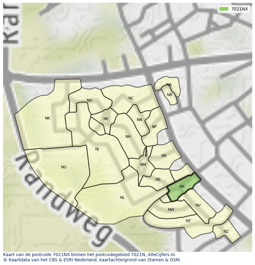 Afbeelding van het postcodegebied 7021 NX op de kaart.
