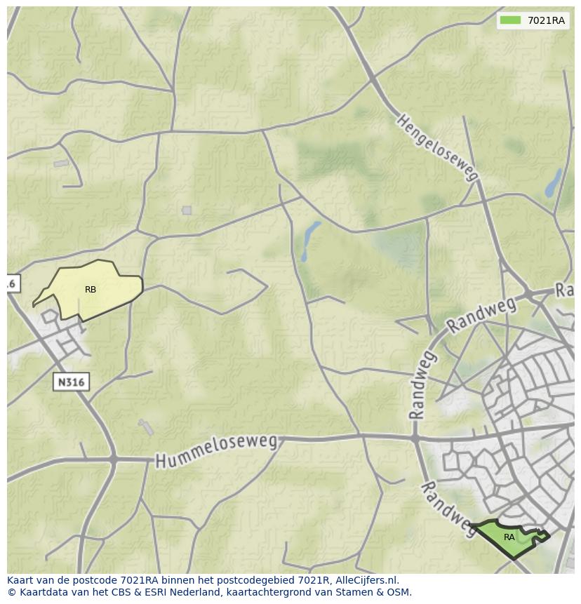Afbeelding van het postcodegebied 7021 RA op de kaart.
